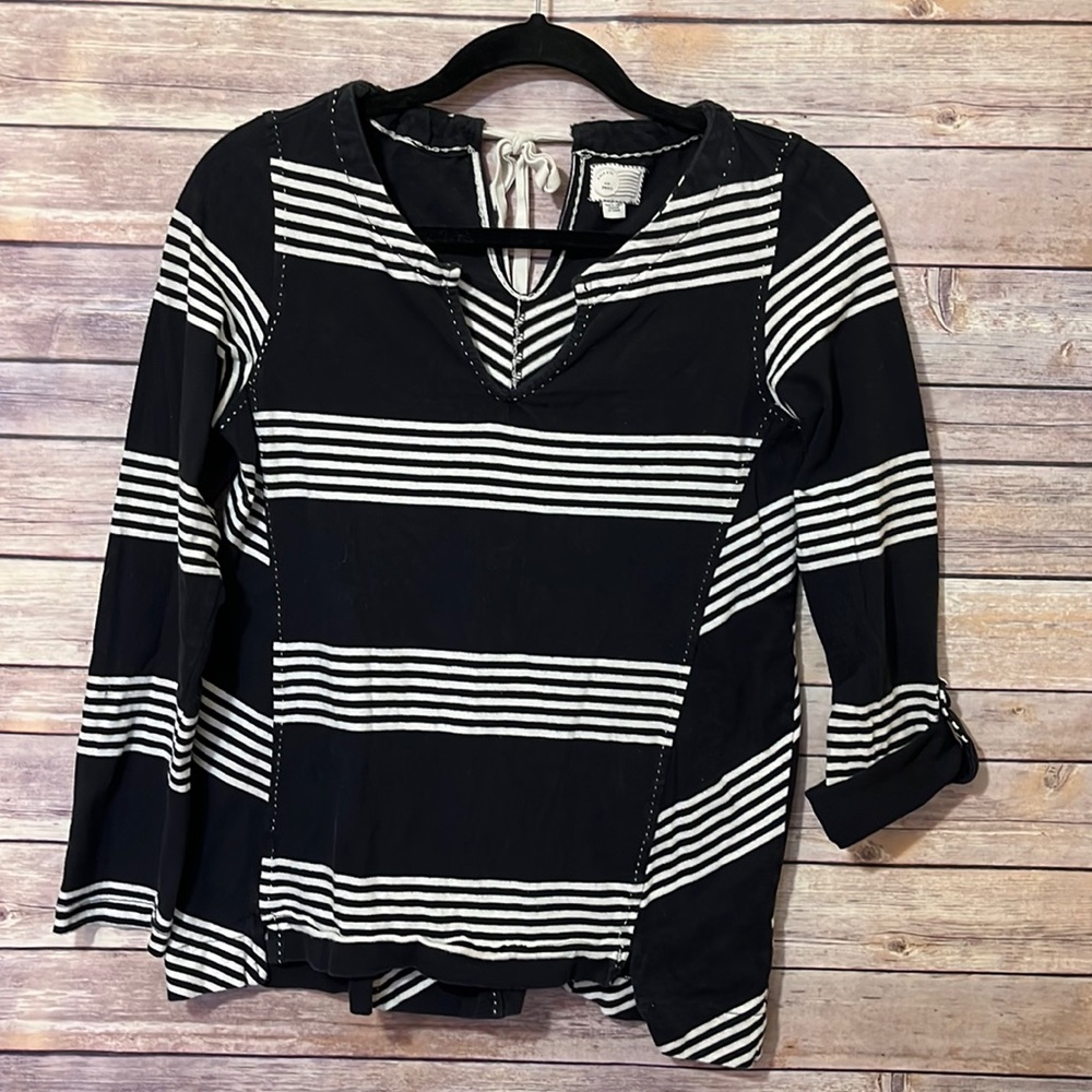 Anthropologie Postage Stamp Black Striped Top Tie B2